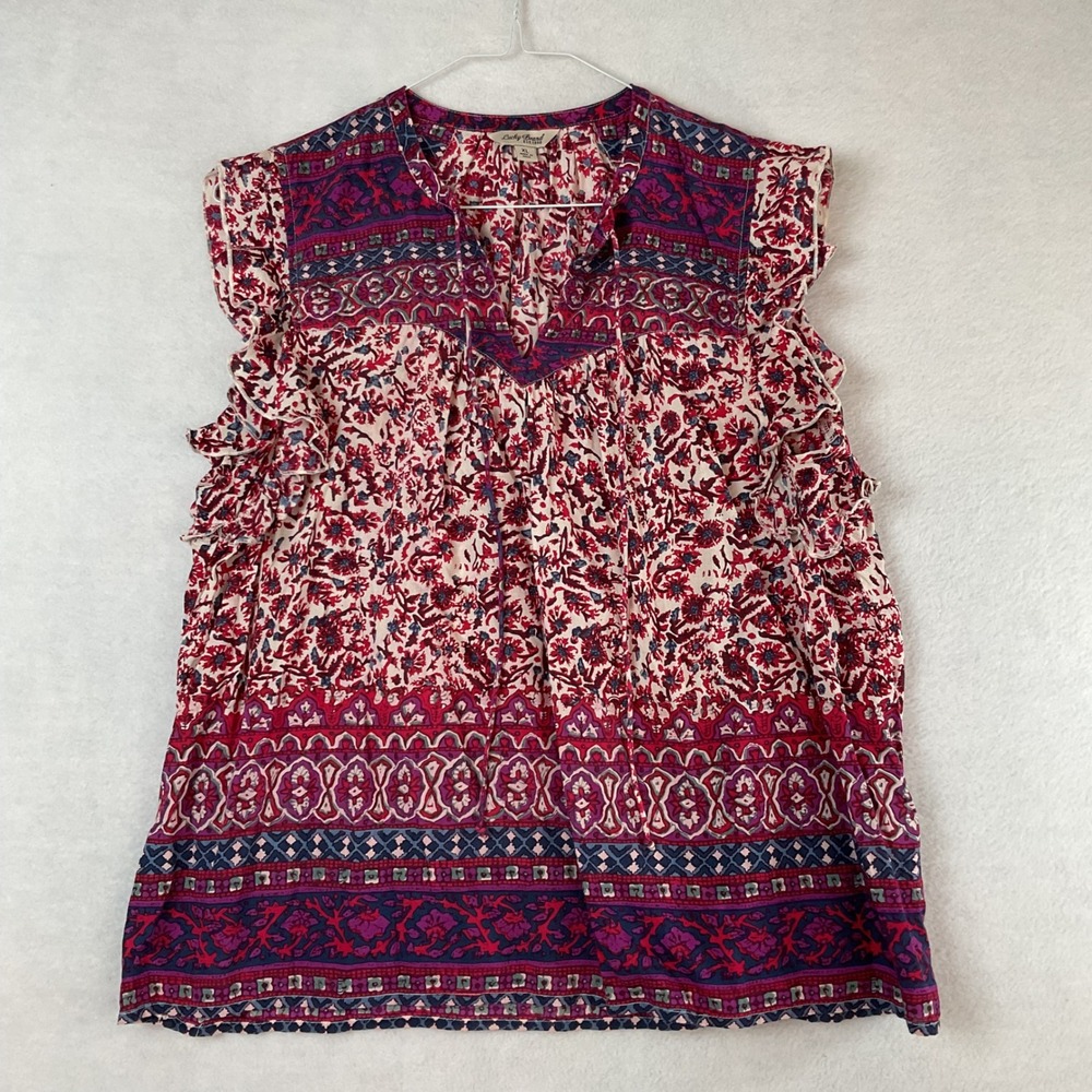 Lucky Brand Womens XL Red Purple Floral Paisley Ruffle Sleeveless Boho Blouse